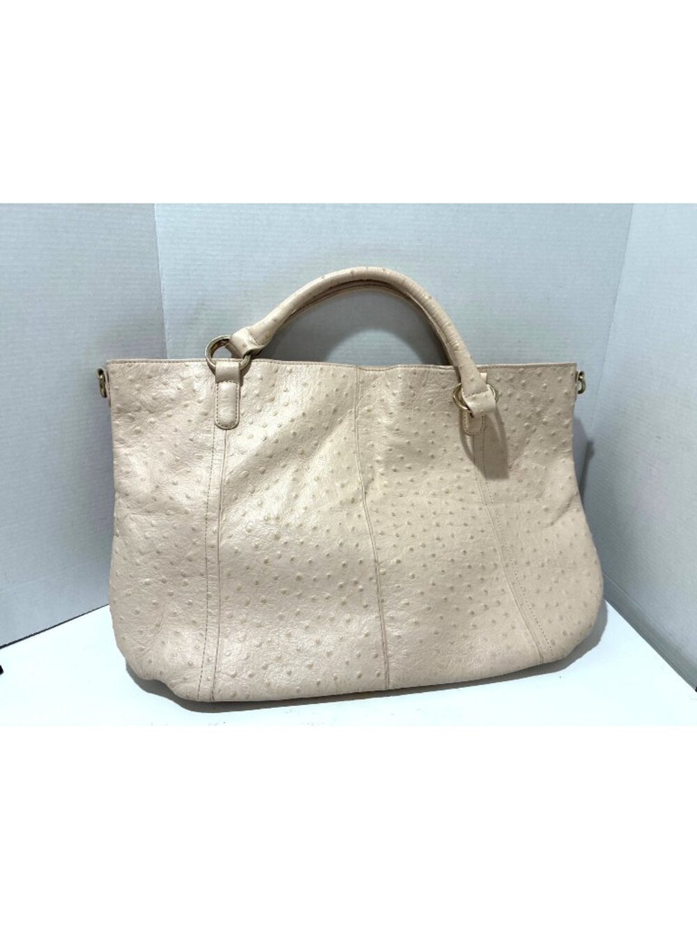 G.I.L.I. cream ostrich-embossed leather satchel gold-tone hardware dual handle